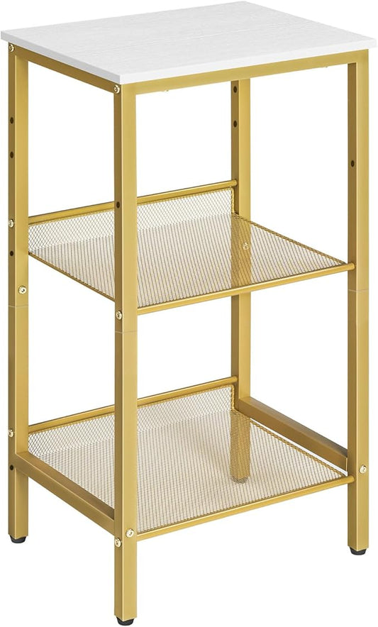 HOOBRO Tall Side Table, 3-Tier Telephone End Table with Adjustable Mesh Shelves, Small Entryway Table with Storage, Small Nightstand for Living Room, Bedroom, Hallway, White and Gold DW01DH01G1