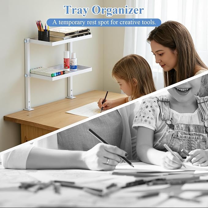 Jumyee 2-Tier Side/Top Clamp On Desk Shelf With Magnetic Pegaboard(White) | Flip Pegboard Tray & Magnetic Accessories, No-Drill White Desk Shelf with 6 Hooks for Home Office Gaming Accessories