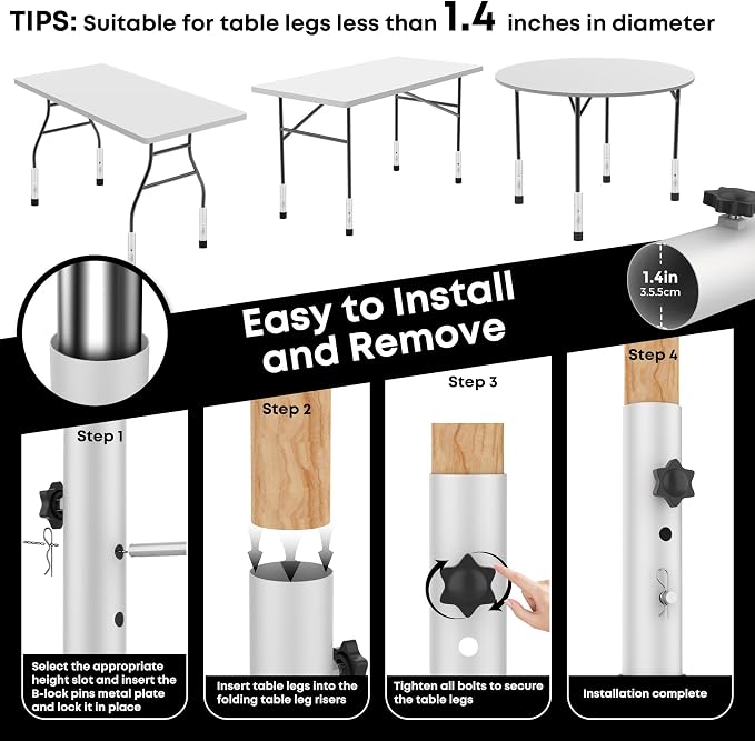 Table Leg Extenders White, Highly Durable Steel Folding Table Leg Risers, Table Leg Extensions Fits Straight & Bent Legs Table Height Extender for Rise Card Table 3.6/5.2 Inch Wobble-Free