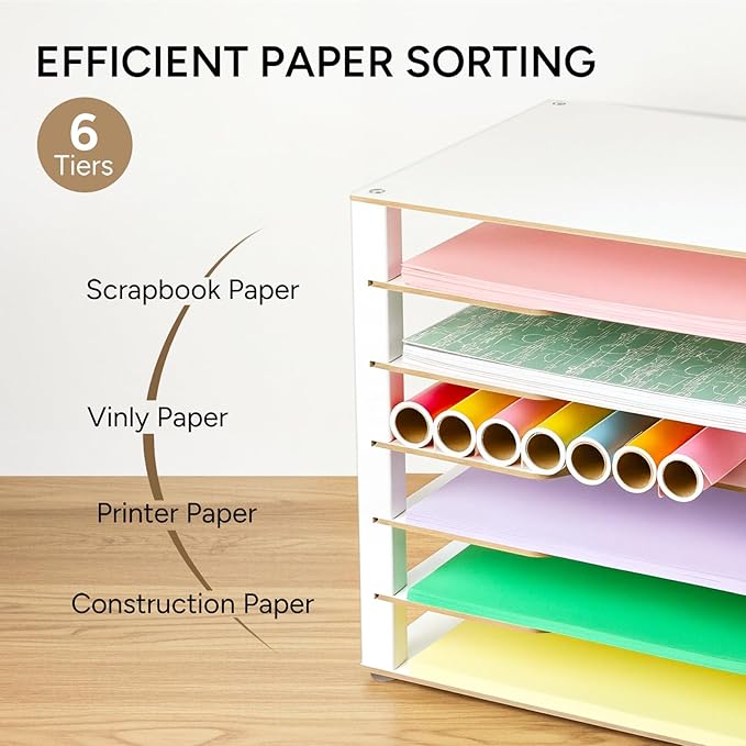 Yumkfoi Construction Paper Organizer 12" x 18", 6-Tiers Paper Organizer Storage, Wooden Desktop Organizer, Letter Tray for Office, Home, Classroom