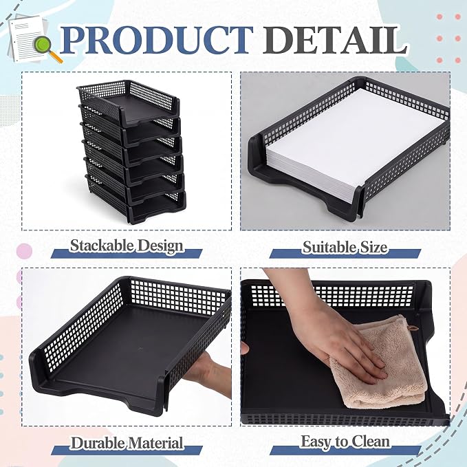 Geetery Set of 6 Plastic Trays for Teachers Turn in Trays Classroom Stackable Paper Tray Plastic Classroom Teachers Desk Letter Organizer Storage Baskets for Office, Desk, Home (Black)
