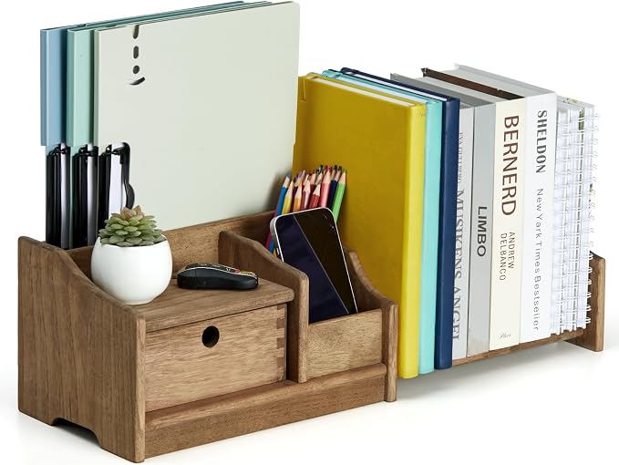 KIRIGEN Desktop Bookshelf Organizer with Drawer, Expandable Wood Desk Shelf, Fully Assembled Book Rack for Office Supplies, Files and Notebooks, 12.24 to 22.7 in Adjustable Width, SSSJ-S-DBR