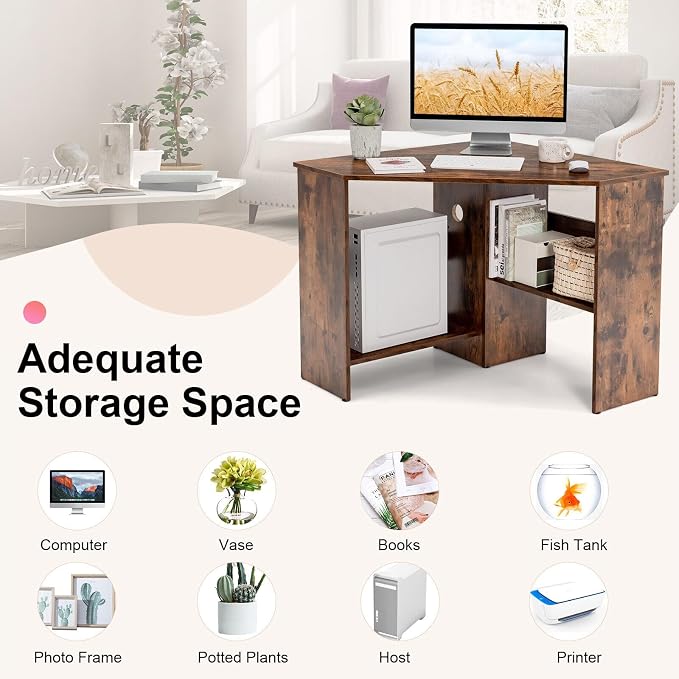 SlickBlue Corner Computer Desk with Triangle Design and Storage Shelf for Space-Saving