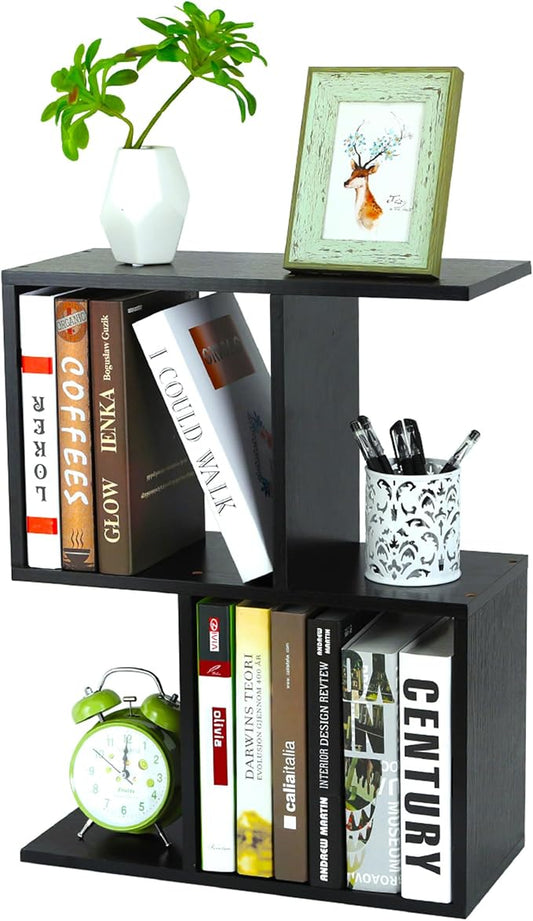 TQVAI 2-Tier Desktop Bookshelf, Freestanding Multipurpose Wood Desk Top Organizer for Books, Office Supplies, Plants, Photo Frames, Small Open Storage Shelves for Office Home Dorm, Black