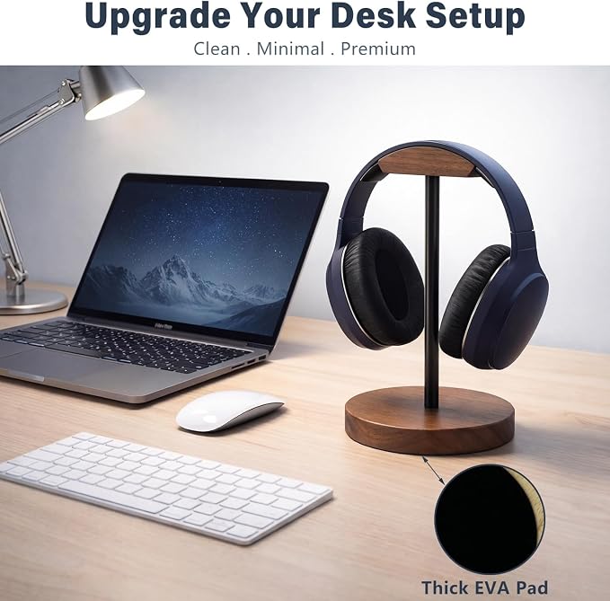 Wood & Metal Headphone Stand, Headset Holder for Desk, Desktop Gaming Headphone Hanger with Stable Non-Slip Bamboo Base, Universal Earphone Stand for Gaming, Office, Home, Gift
