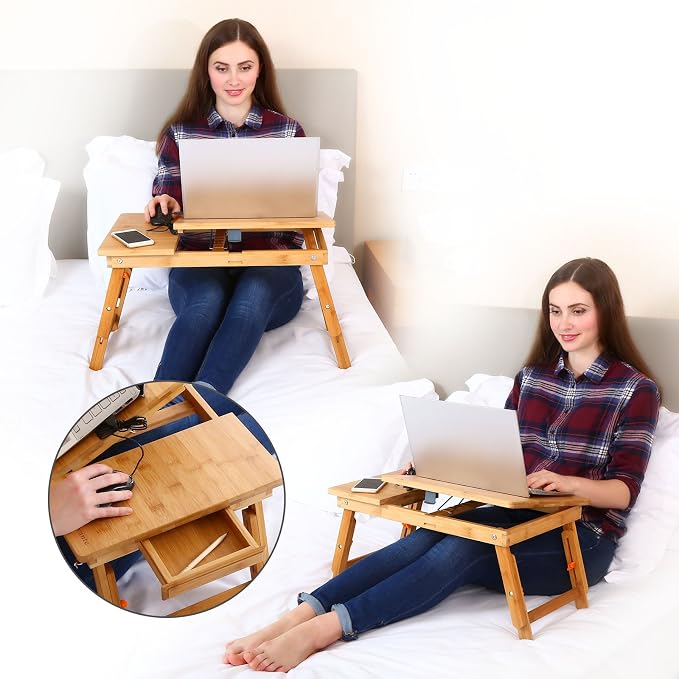 Laptop Desk Nnewvante Bamboo Bed Tray Adjustable Foldable Desk Bed Serving w' Tilting Drawer