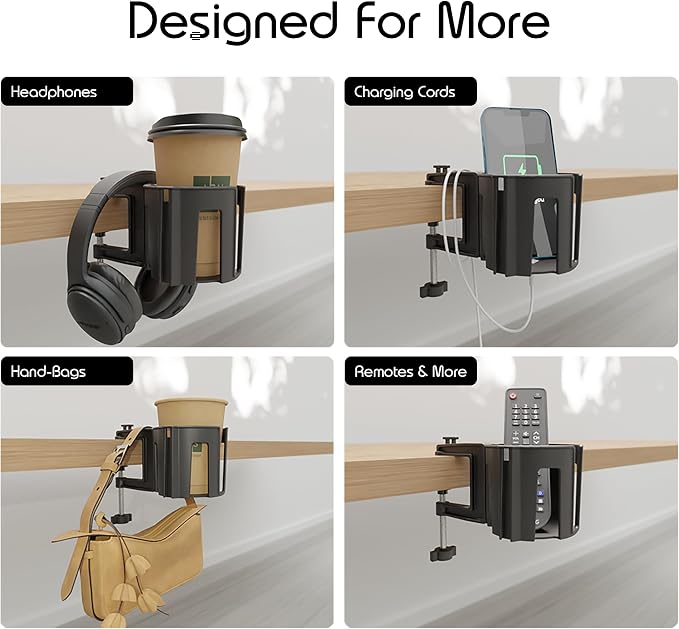 Original Large Desk Cup Holder Clamp (2 Count) | Anti-Spill Mount, Multi-Directional Drink Holder, Headphone Hanger, For Table, Desks, Office & Gaming Setup