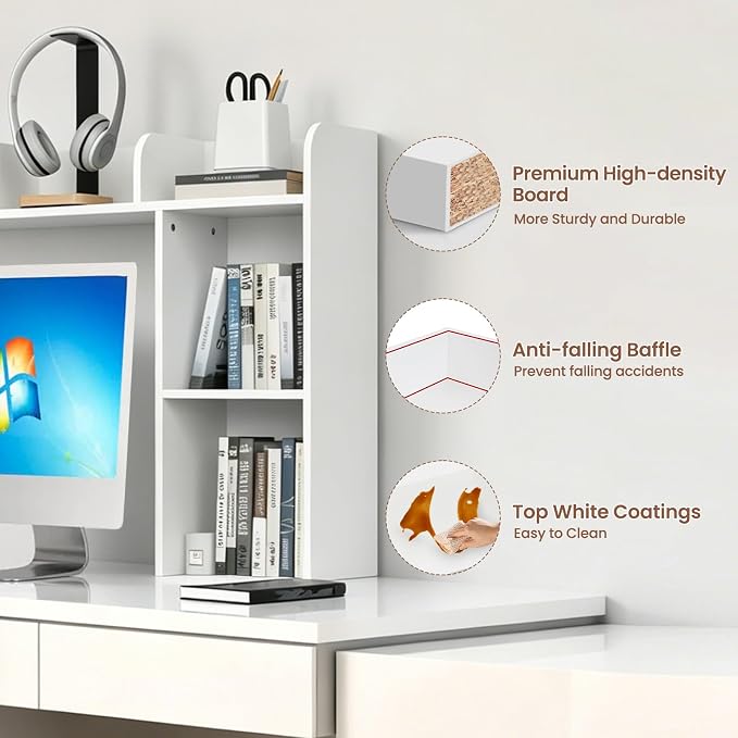 Desk Hutch Dorm White, 3-Tire Wood Desk Shelf Storage Organizer for Office Home