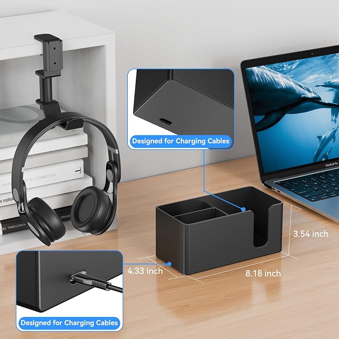 Desk Cup Holder Clamp with Headphone Hanger and Storage Tray | Clamp on design, rotating headphone hanger, detachable storage tray, cable holes, fits 5-50mm desks