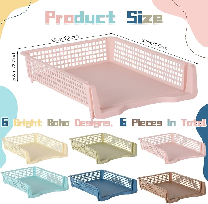 Set of 6 Boho Turn in Trays for Teachers Stackable Classroom Paper Letter Trays Plastic Classroom Desk Letter Organizer Tray Storage Baskets for Library, Drawers, Office, Home