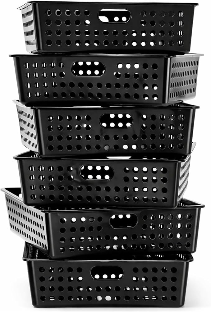 Geetery 6 Pack Classroom Storage Baskets with Handle 14''x10'' Paper Tray Holds A4 Turn in Trays Plastic Paper Baskets Desk Organizer Bin for Classroom, Library, Office, Home (Black)