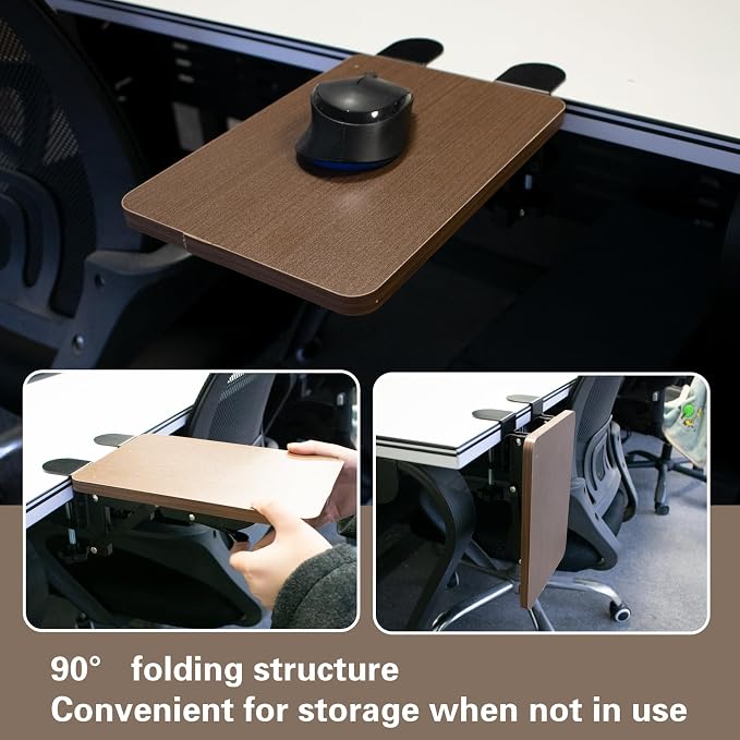 Ergonomic Desk Extender Tray, 9.8 x 6.9 Inch Clamp on Table Mount Arm Wrist Rest Shelf, 90° Foldable Mouse Support, Computer Elbow Arm Support for Office Cubicles, Home Study (Walnut)