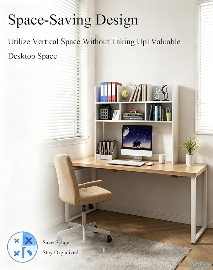 White Desk Hutch for Dorm Room, Over-Desk Organizer Shelf with 6 Cubbies, Desktop Bookshelf Storage Display Rack, Desk Topper Shelf for College Dorm, Home Office