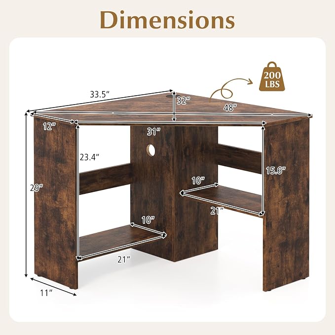 Giantex Corner Desk, Space-Saving Triangle Computer Desk with Storage Shelves & CPU Stand, Modern Makeup Vanity Table for Bedroom, Writing Desk for Small Spaces (Rustic Brown)