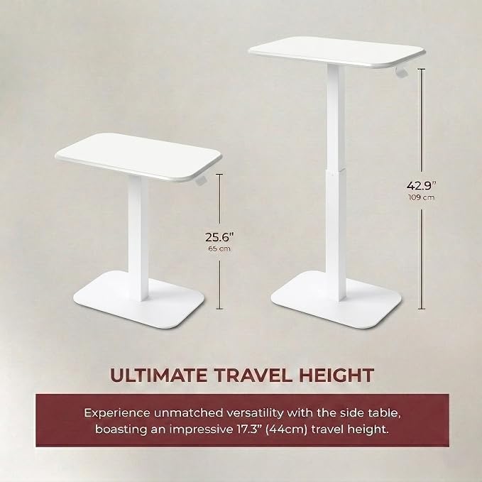 Elevance Height Adjustable Side Table, White Base, Cloud White Top | Sofa Laptop Table for Couch & Bed | Small C-Shape End Table for Home or Office