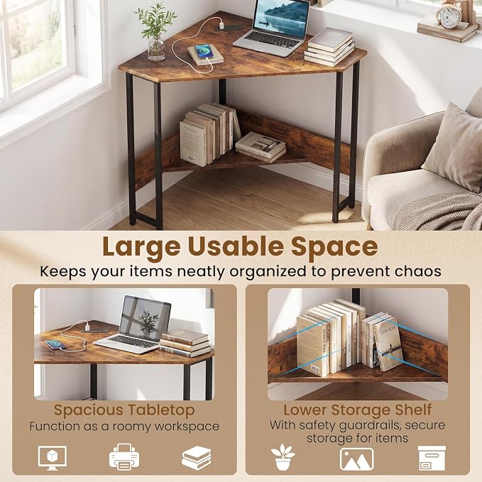 Giantex Corner Desk with Charging Station, 90° Triangle Computer Desk with Storage Shelf, Industrial Compact Writing Desk with Metal Frame for Home Office, Small Spaces & Bedroom, Rustic Brown