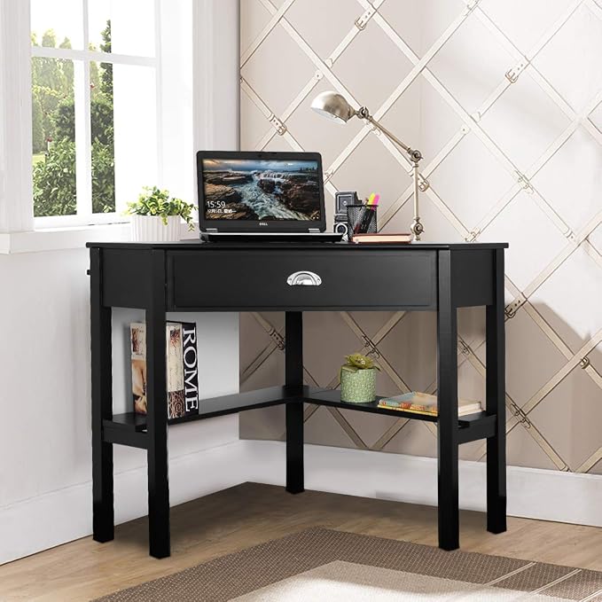 Corner Computer Desk, Space-Saving Corner Table with Drawer & Shelves, Home Office 90° Triangle Corner Workstation, Modern Makeup Vanity Table, Small Corner Desk for Small Spaces (Black)