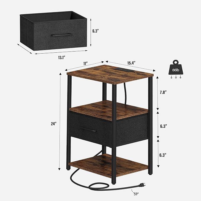TUTOTAK LED Nightstand Set of 2, Night Stand with Charging Station, End Table, Bedside Table with Fabric Drawer, Side Table for Livingroom and Bedroom, Brown TB01BB0692L