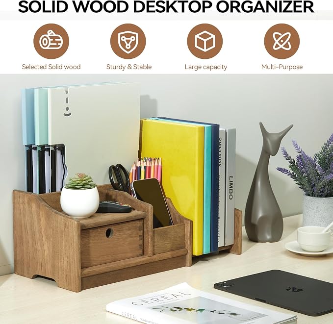 KIRIGEN Desktop Bookshelf Organizer with Drawer, Expandable Wood Desk Shelf, Fully Assembled Book Rack for Office Supplies, Files and Notebooks, 12.24 to 22.7 in Adjustable Width, SSSJ-S-DBR