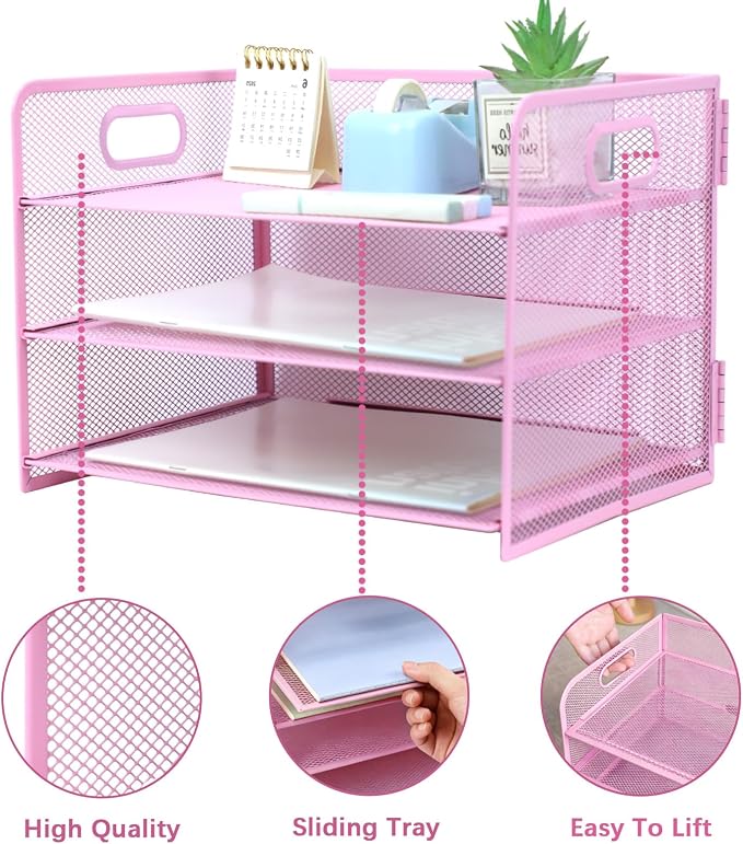 3 Tier Lettrer Tray Organizer with Handle, Metal Mesh Desk File Organizer with Sliding Trays, Paper Sorter Desk for Home Office School, Pink