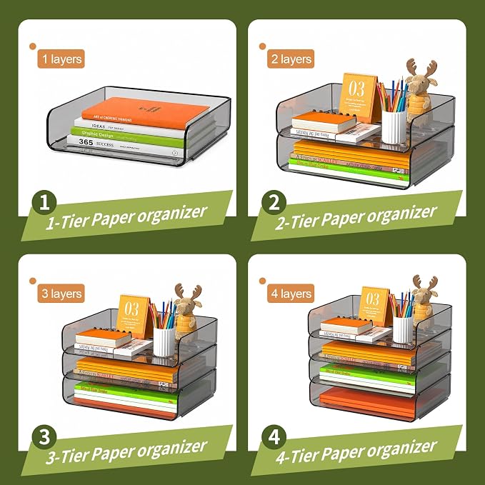 FANXIYQ 4-Tier Acrylic Paper Tray Organizer, Brown Stackable Desk File Organizer for Documents, Mail, Homework & Notebooks, Letter Tray Storage for Home Office, Classroom & Study Desk