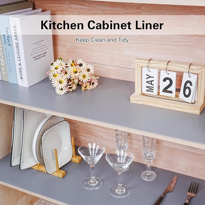 Drawer and Shelf Liner for Kitchen Cabinet,Non-Adhesive Cabinet Liner 24in x 20FT,Waterproof Shelf Paper Non-Slip Mats Cupboard Liners Contact Protect Dresser/Shelves/Table-Grey