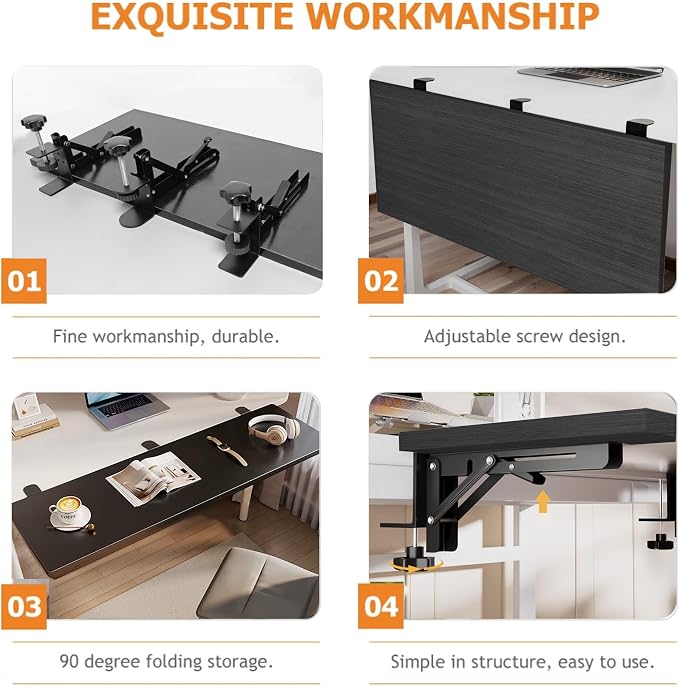 Desk Extender 24‘’ x 12 Inch Foldable Table Extension Folding Wall Table Keyboard Extender for Desk Clamp-on Shelf for Dorm Bunk, Office, Kitchen Bar, RV Countertop, Laundry Room (Black)