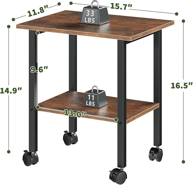 2 Tier Printer Stand with Storage, Under Desk Printer Table, Space-Saving Printer Table with Locking Wheels, Rolling Printer Cart for Home Office, Rustic Brown