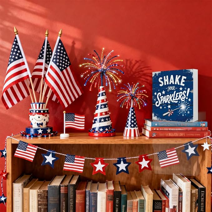 Patriotic Wooden Box Sign,Shake Your Sparklers 4th Of July Signs Home Decor,Independence Memorial Day Block Sign for Desk Shelf Tabletop Decor