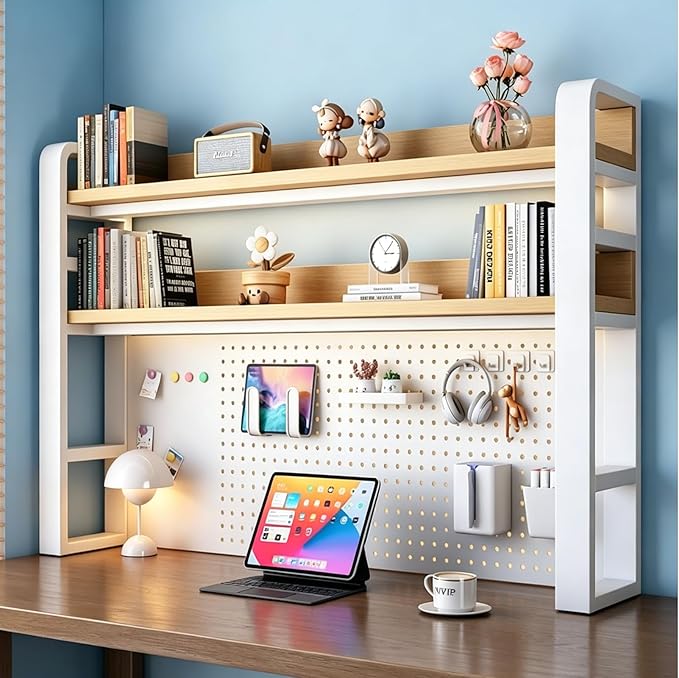Desk Shelf Organizer with Pegboard & Storage Parts, 45kg Heavy Duty Desk Hutch, Desktop Storage Rack for Office & Home Office Shelves White Shelf/Natural Wood Board (3-Tier) 21.7×10×36.7"