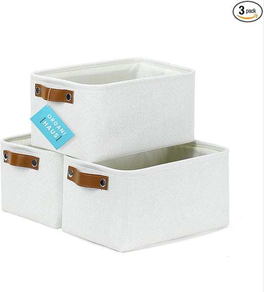 OrganiHaus 12x8in Canvas Storage Baskets 3 Pack | SMALL Fabric Bins for Shelves | Pantry & Bathroom Organizer | Full Off-White