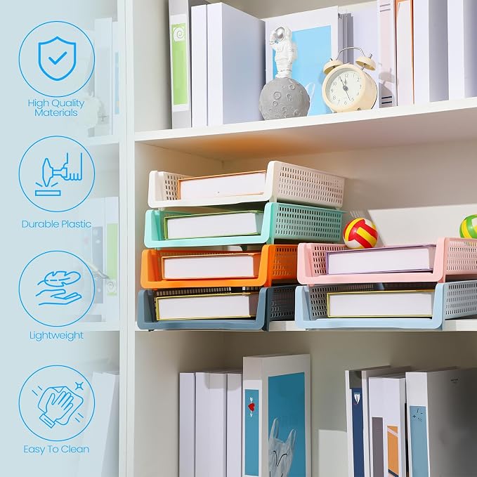 Weysat 12 Pcs Turn in Trays Classroom, Stackable Paper Tray for Classroom Organization Plastic Desk File Organizer Bin Basket for Library Drawer Teacher Office Document Storage (Pastel,Narrow)
