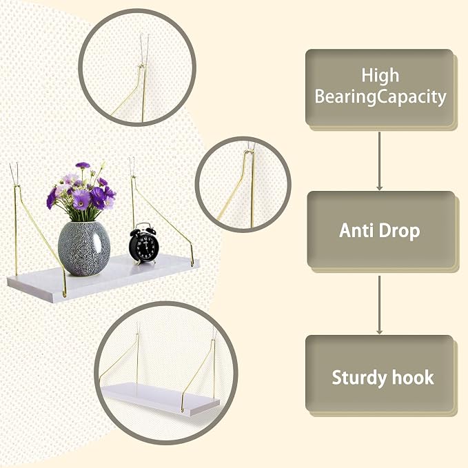 2-Pack Cubicle Shelf For Fabric Walls With Hooks：12x6.0in White Wooden Cubicle Shelf Hanging Gold Bracket Use For Office Cubicle Accessories For Office Stylish Cubicle Decorations For Women Desk