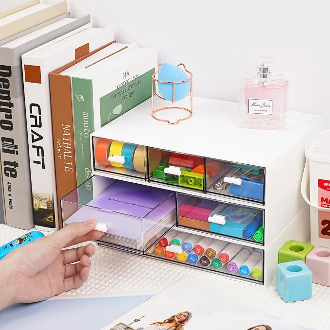 3 Tier Stackable Desk Organizer with 6 Drawers, YOCOMEY Plastic Desktop Storage Box Drawers, Detachable Makeup Storage Office Stationery Supplies Organizer for Office School(New White)
