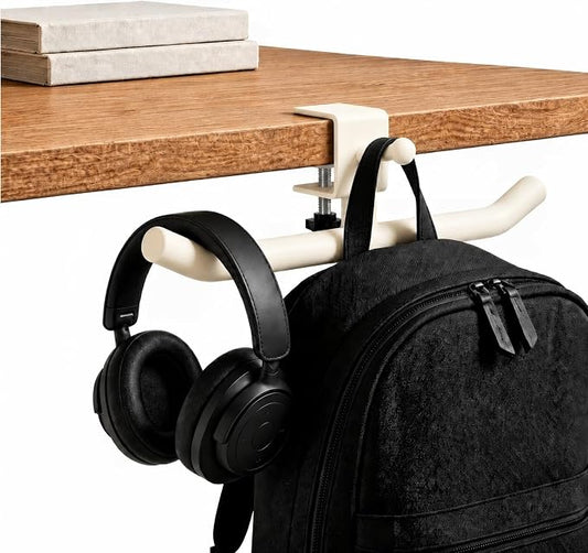 Desk Hook for Bag, Adjustable Purse Hook for Table (1-4cm/0.39-1.45in), Heavy Duty Carbon Steel Backpack Hanger, 80lb Capacity Clamp-On Bag Holder for Office, Classroom, Cafe, Home, and Gaming (White)