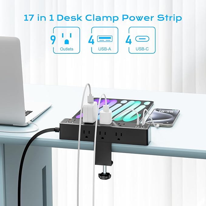 Flat Plug Desk Clamp Power Strip 10FT, 40W Total Fast Charging Station, Dual PD 20W USB C Ports, Desk Edge Mount Power Strip 9 AC Outlets 8 USB Ports(4 USB C), Fit 1.7" Tabletop Edge