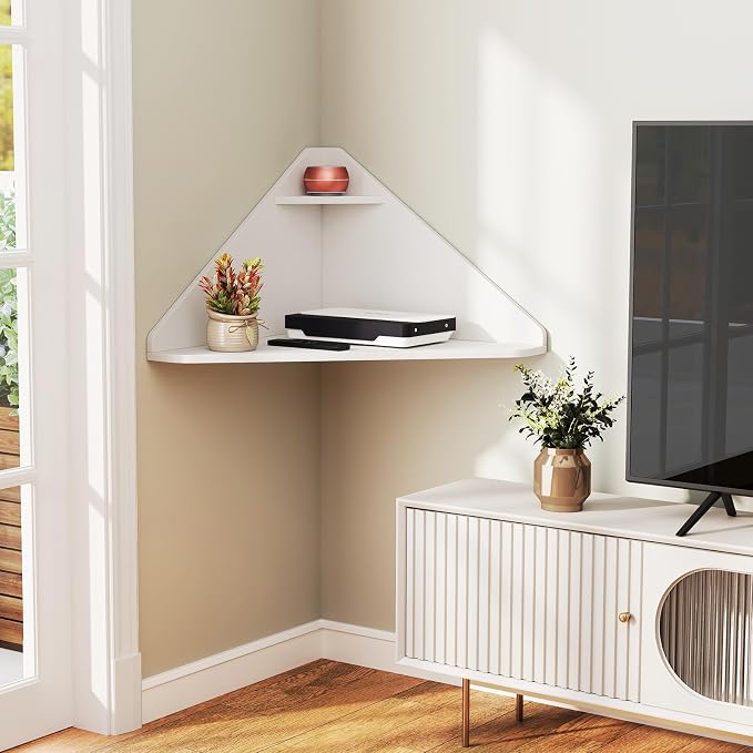 GOFLAME Floating Corner Desk, Wall Mounted Triangular Computer Desk w/Storage Shelf, Space-Saving Design, 90° Wooden Floating Home Office Desk for Writing, Working, Studying (White)