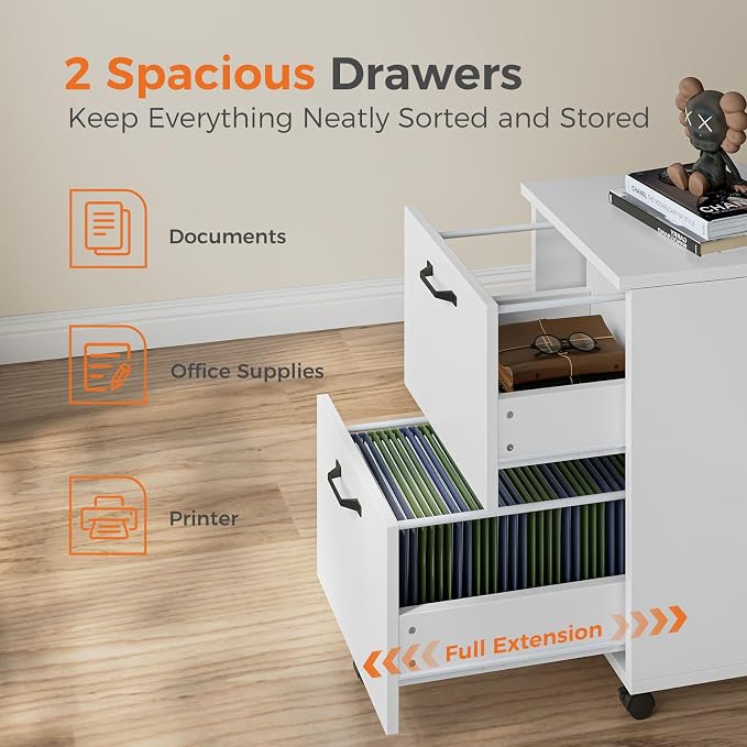 Sweetcrispy 2-Drawer Rolling File Cabinet, Wood Under Desk Storage with Lockable Wheels, Mobile Printer Stand & Home Office Organizer for Documents and Office Supplies, White