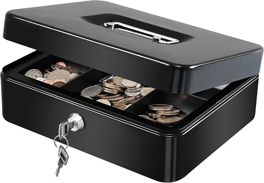 KYODOLED Large Cash Box with Removable Money Tray, Key Lock Metal Storage Box with 2 Keys & Portable Handle, Safe Cash Drawer, 9.84"x 7.87"x 3.54", Black Large