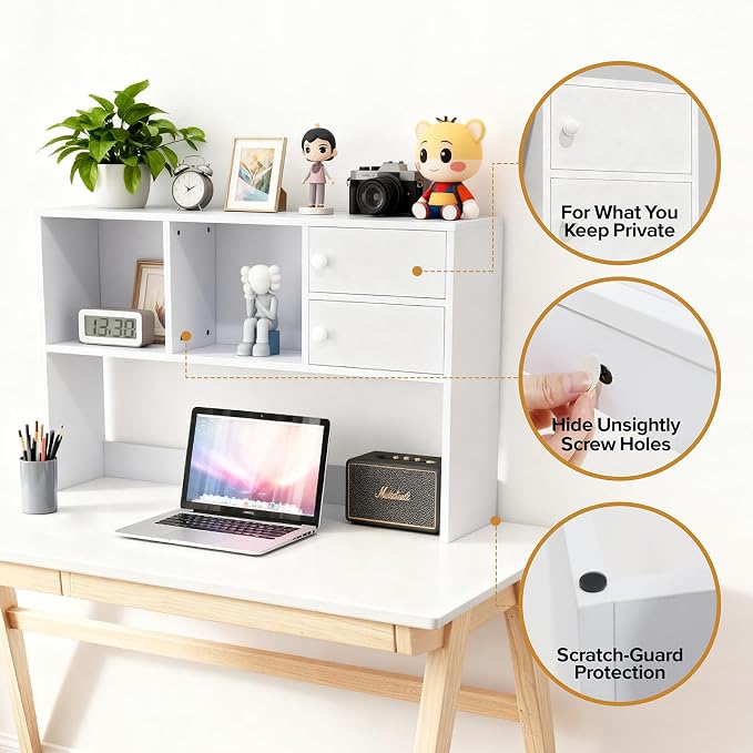 YGYQZ White Desk Hutch with 4 Storage Shelves, Desktop Bookshelf & Monitor Stand for Home Office, Space Saving Desk Organizer for Study Room, Dorm & Gaming Desk