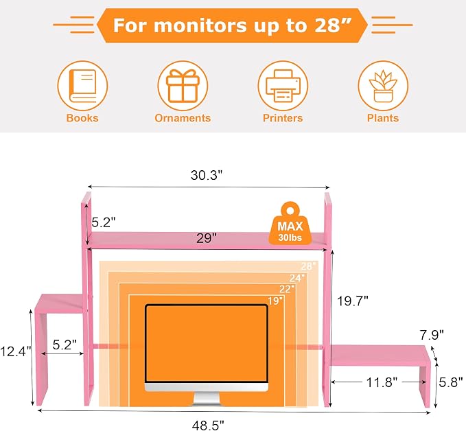 WelFurGeer LED Desk Shelf Organizer with RGB Light Strip, 2-Tier Desktop Shelf for Computer Monitor, Sturdy Metal Frame & Wood Shelves - Desk Hutch Bookshelf for Home Office, Dorm, Gaming Setup (Pink)