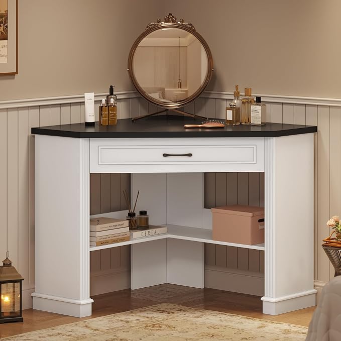 SEDETA 31.5" White Corner Desk, Small Corner Desk for Small Space, Farmhouse Triangle Computer Desk with Drawer and Storage for Home Office, Living Room, Bedroom, Vanity Desk