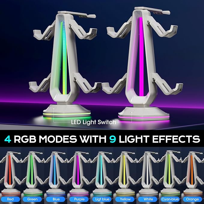 Saitake RGB Controller Stand with 9 Light Modes,Controller Holder with 2 USB Ports,Headset Stand for Desk-Headphone Holder Suitable for All Headphones and Controller (White)