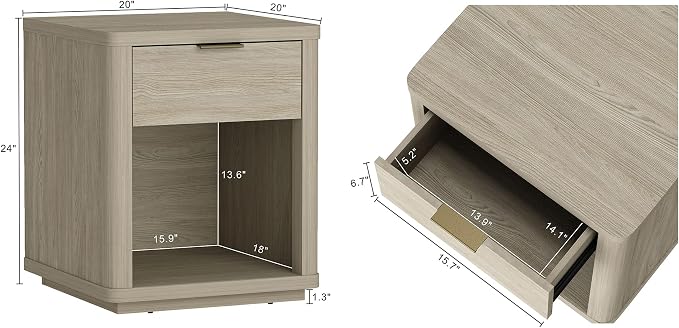 Manhattan Comfort Evelyn Nightstands Set of 2 with Full Extension Drawer and Open Shelf – Modern Bedroom Night Stand or Living Room Side Tables with Storage – Easy Assembly, Natural