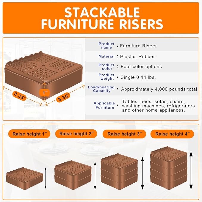 shouwuhho Furniture Risers, 4 Pack Bed Risers with Non-Slip Grip and Heavy Duty Support, 1 Inch 2 Inch 3 Inch 4 Inch Height Lift for Couch, Sofa, Table, Desk, Chair, Refrigerator - Brown, 1+1+1 Inch