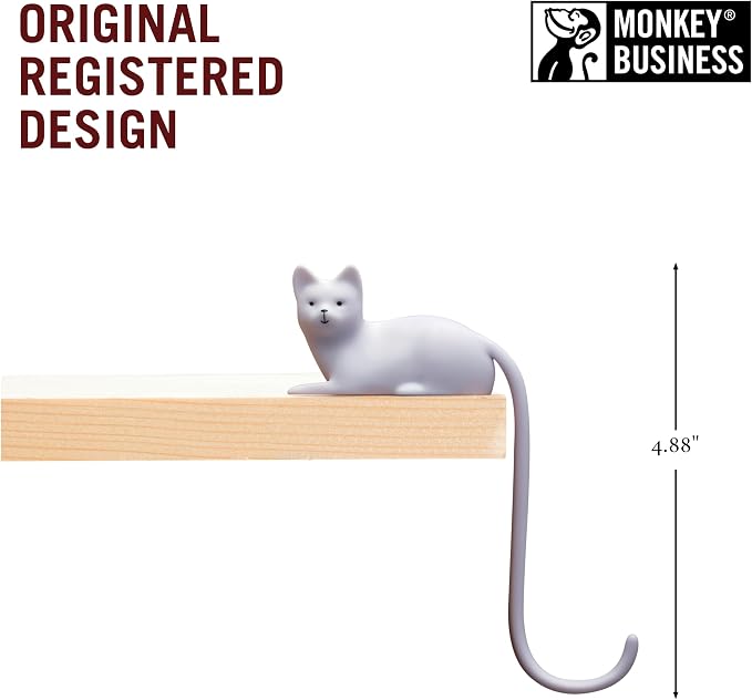 Monkey Business Ginger The Cat Tail Hook for Computer Screen, Tight Spaces, Hang Keys, Accessories in Easy Reach (White)