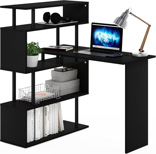 Furinno Classic Desk, 40" Wide L-Shape Gaming Desk, Computer Desk, Writing Desk with 5-Tier S-Shaped Side Shelves for Home Office, Study Room, Dorm, Bedroom, Americano