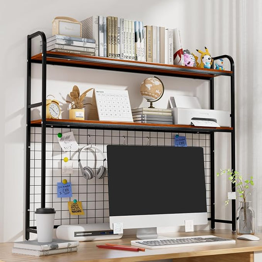 Desk Shelf, 2-Tier Desktop Hutch Bookshelf with Pegboard Hooks Set, Metal Table Top Bookcase for Computer, Freestanding Countertop Storage Organizer Rack for Dorm, Office & Home, Black, 45.3"