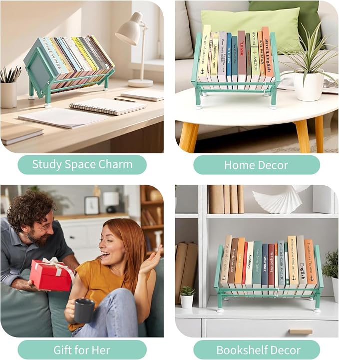 Expandable Desktop Bookshelf Organizer, Small Tabletop Book Storage Rack, Portable Green Bookshelf for Books/CDs/Magazine Display, Mini Bookcase for Top of Desk in Living Room, Office, Home Decor