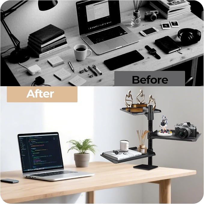 FAHKNS Multifunctional Desk Clamp Shelf，3-Tier Clamp on Desk Shelf，Ergonomics Metal Desk Extension for Home/Office/Game Room，Tabletop Book Storage Rack，Desktop Thickness 0.4-2.2”